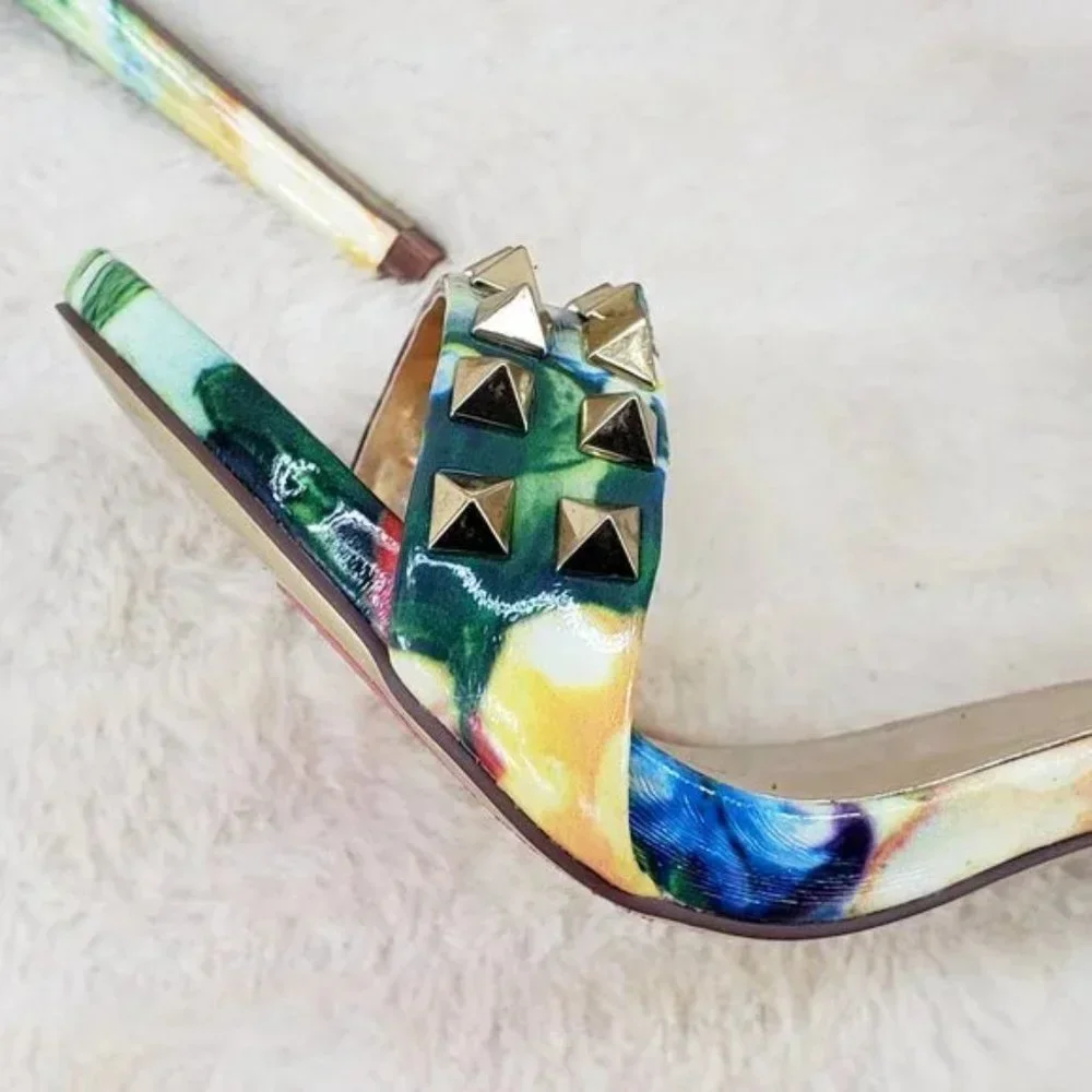 Sexy Riot Colorful Patent Gold Stud Cross Strap Sandal Shoe 4.5